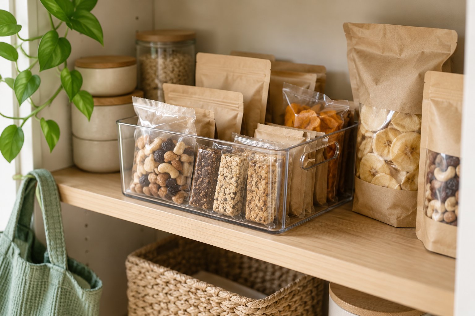 Reachable pantry snack bin with upright packets and larger snack bags stored alongside
