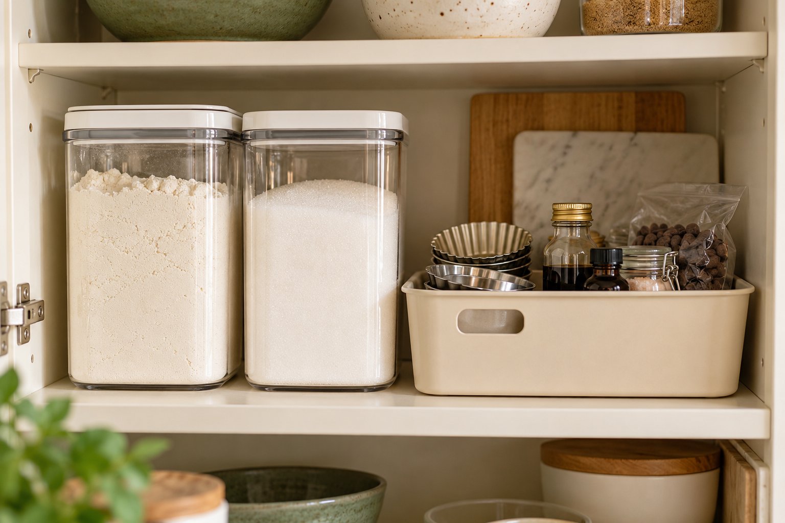 Pantry baking zone with flour and sugar beside a removable bin of small baking ingredients