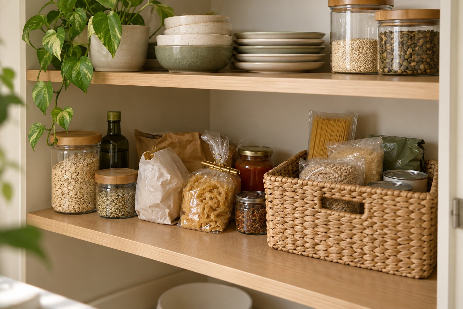 Separate pantry backstock basket holding unopened replacement foods beside the everyday food zone
