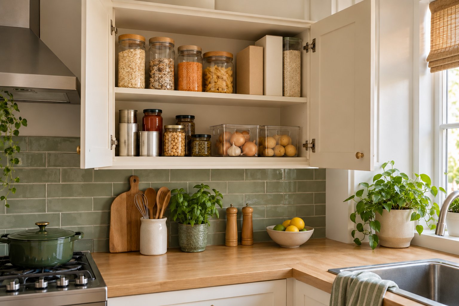 Apartment kitchen cupboard used as a pantry for grains, canned food, and breakfast ingredients