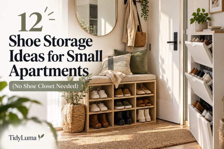 Small apartment entryway with organized shoe storage bench and slim shoe cabinet