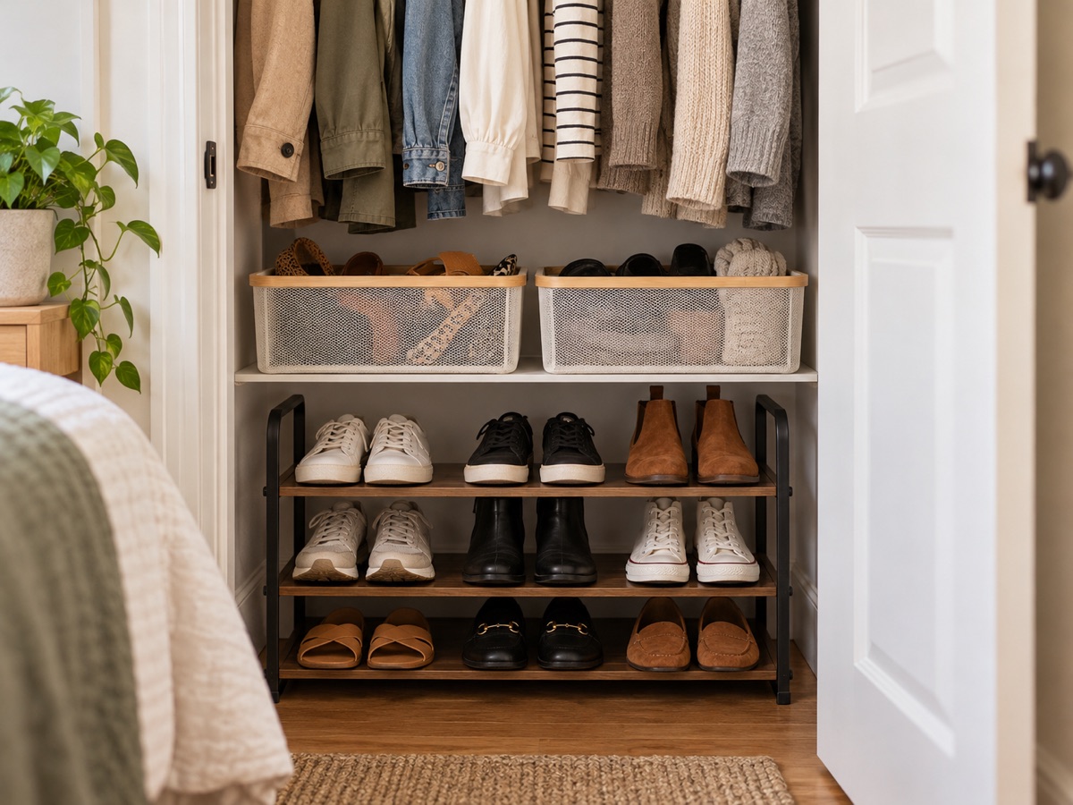 Vertical shoe rack organizing everyday footwear in a small bedroom closet