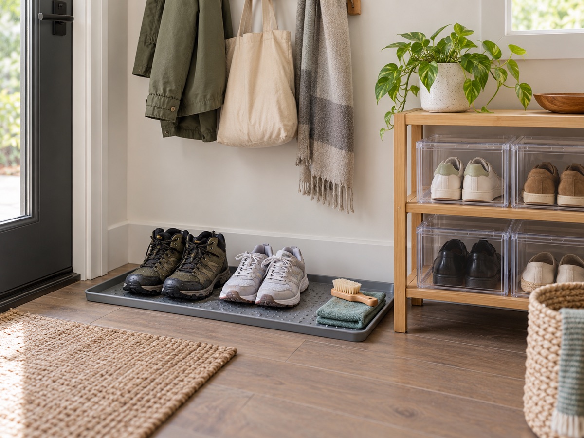 Wet shoes drying on an entryway tray beside clean shoes in clear storage bins